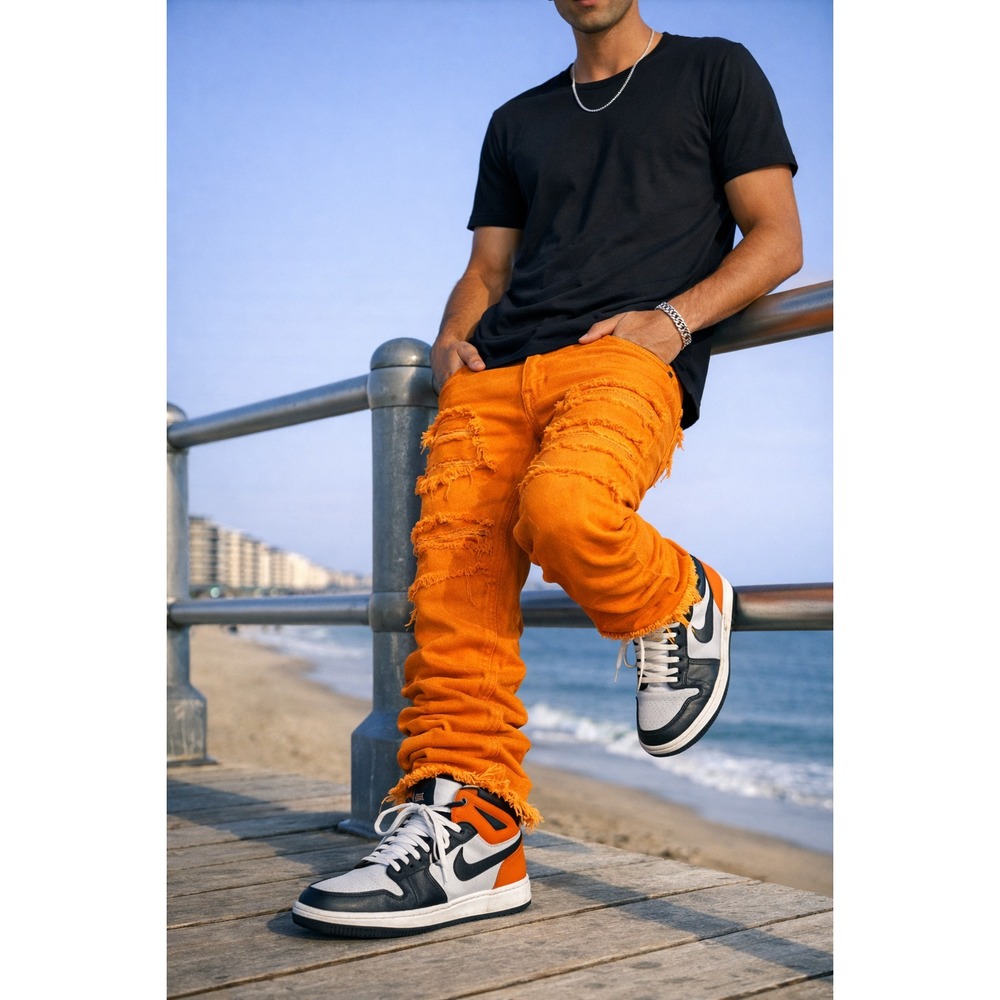 FOCUS Super Stacked Jeans 30x47 Orange Frayed Raw Edge Top Panels Urban Hip Hop
